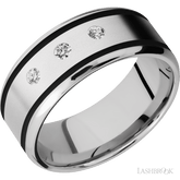 "9 mm wide/Beveled/Cobalt Chrome band with  two 1 mm Wide inlays of Black and featuring an  arrangement of 3, 05 carat Round Diamond stones in a Flush setting"